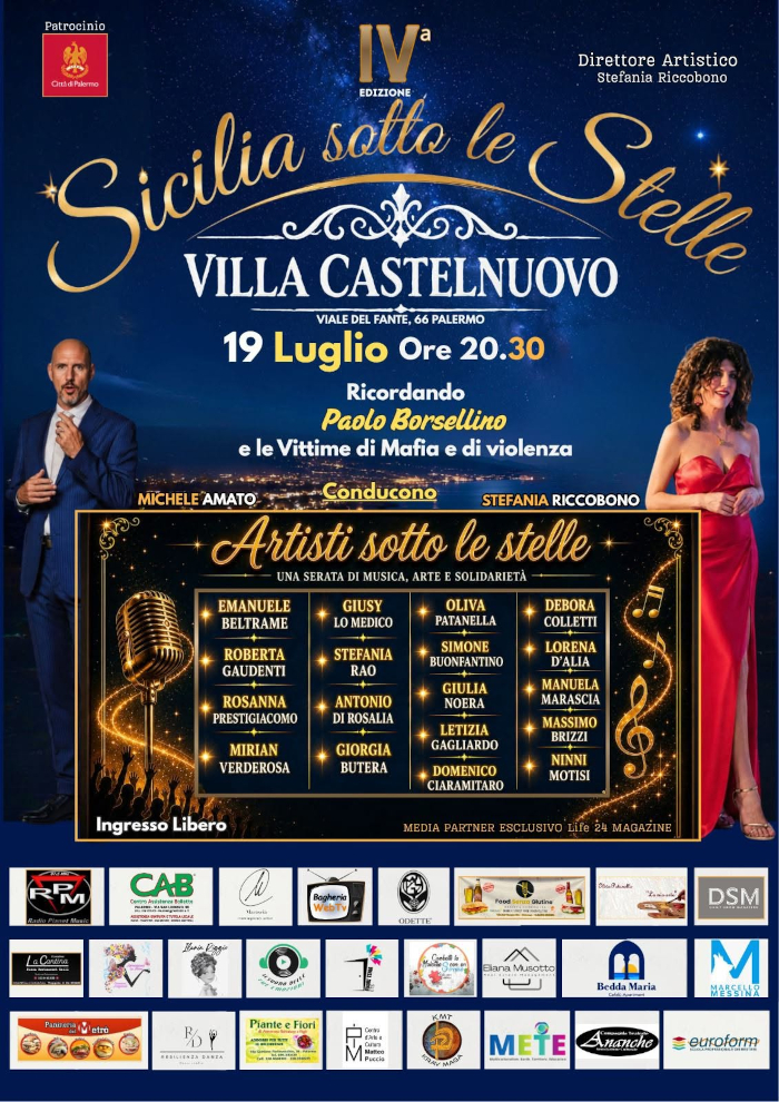 Locandina dell'evento: "Sicilia sotto le stelle", in programma a Palermo il 19 luglio 2026 presso Palazzo Castelnuovo.